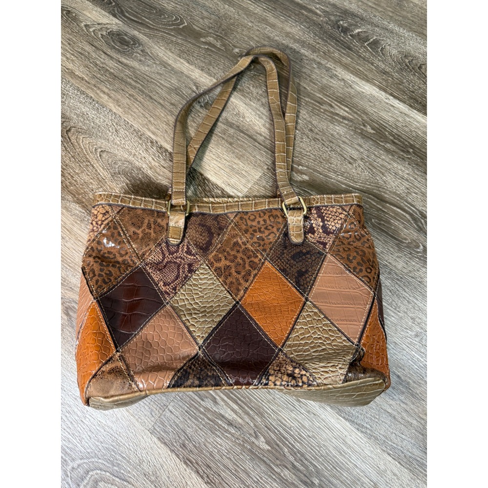 Bueno Patchwork Animal Print Shoulder Bag Tan Brown Faux Croc Leopard Snake Tote